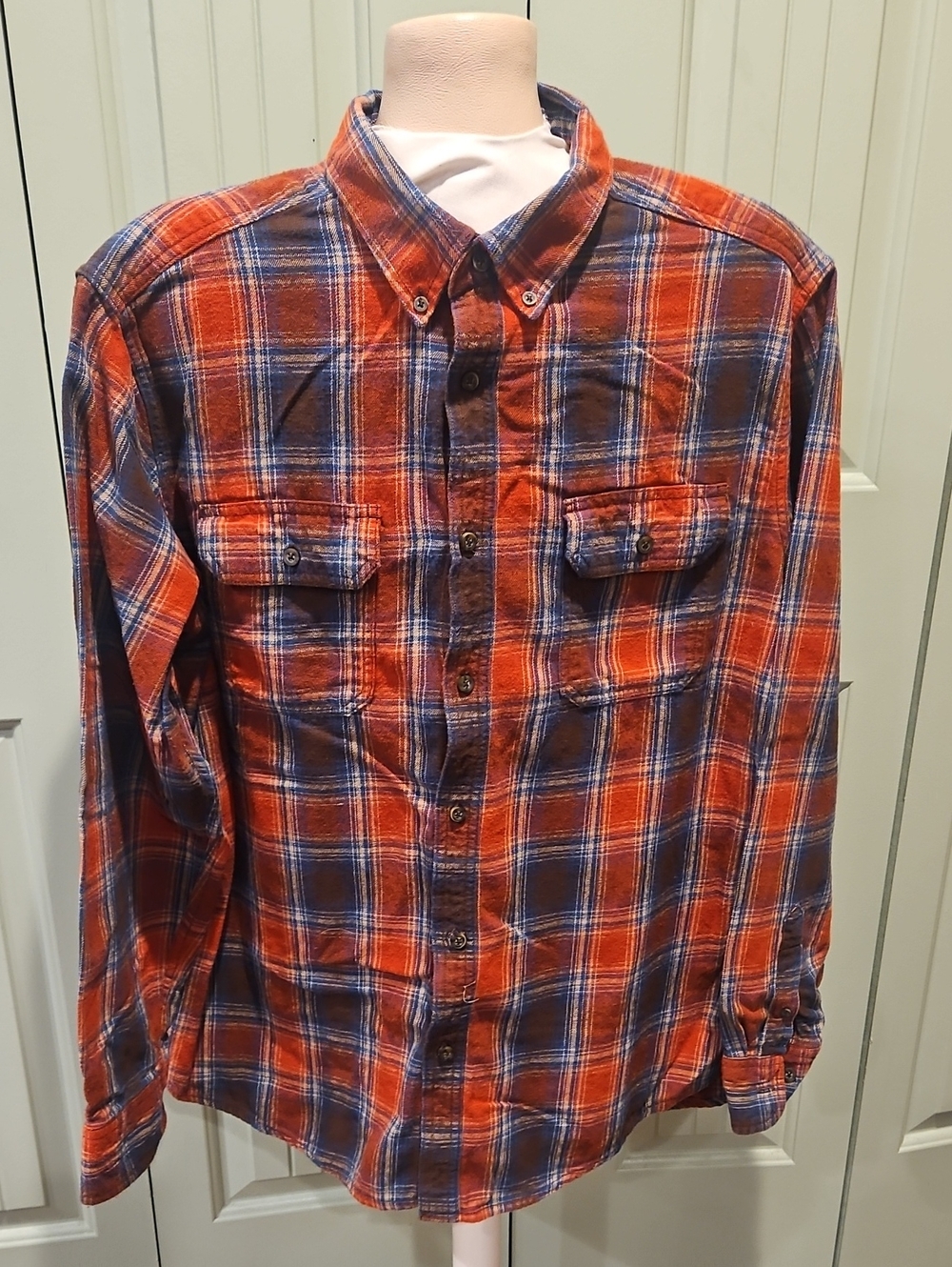 Faded Glory Orange, Blue and White Plaid Button-Down Shirt